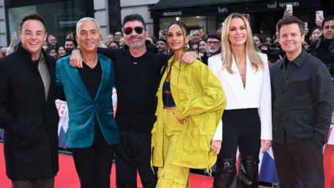 Hosts and judges of Britain's Got Talent attend a 2024 launch event, featuring Ant and Dec, Simon Cowell, Amanda Holden, Alesha Dixon and Bruno Tonioli