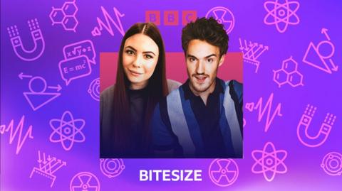 Bitesize physics podcasts promo image showing hosts James Stewart and Ellie Hurer with physics icons in the background.