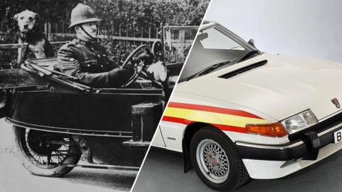 Three-wheeled car introduced in the 1930s / 1984 Rover SD1 Police patrol car.