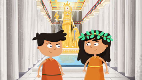 Two ancient Greek children in a temple with columns and a giant golden statue of a goddess.