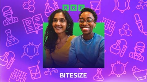 Bitesize chemistry podcasts promo image showing hosts Tulela Pea and Dr Sunayana Bhargava with chemistry icons in the background.