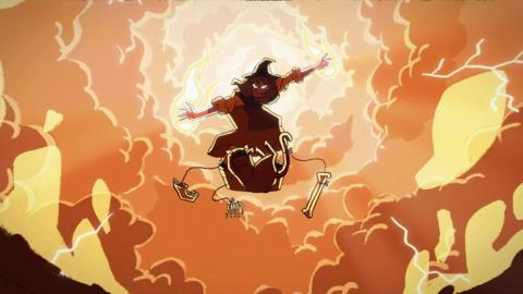 A cartoon witch floats in the air amid crimson clouds.