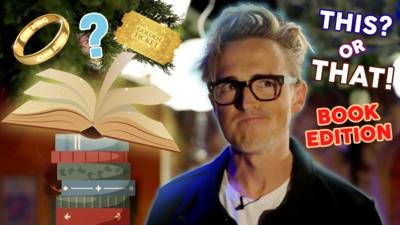 Image of Tom Fletcher with book characters and objects around him, he is looking in thought.