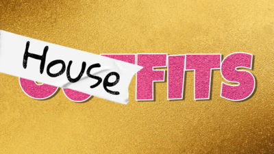 A glittery background with the word "outfits" in pink glitter. The "out" segment has been covered by tape saying "House".