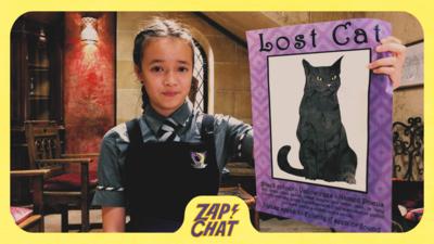 Girl in school uniform holding up lost cat poster. Felicity Foxglove from The Worst Witch.