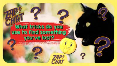 Black cat with text: 'What tricks do you use to find something you've lost?'.
