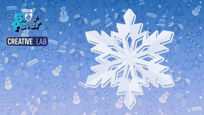 On a blue Christmas themed background sits a white snowflake with six points.