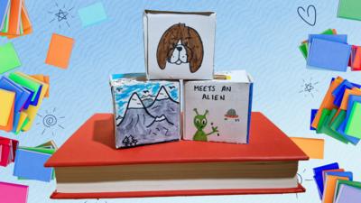 Blue Peter's story cube make, three story cubes stacked on top of each other with hand drawn images on each side.