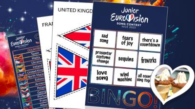 Junior Eurovision party pack items - a scorecard, bunting, recipes and bingo