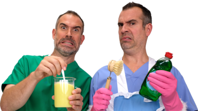 Dr Chris and Dr Xand looking grossed out, holding a beaker filled with pale yellow liquid, wearing rubber gloves and holding a washing up brush.