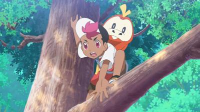 A boy is crouched in a tree whilst a Pokemon sits on his shoulder