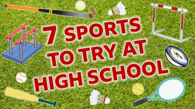 7 Sports to try at high school, sport equipment on grass. 