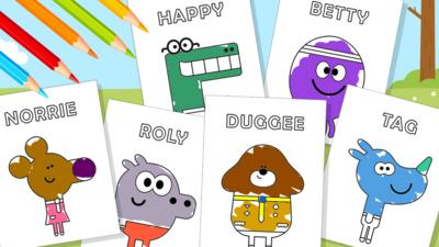 Outlines of hey duggee characters, with some half coloured in.