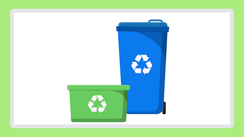 An illustration of blue and green recycling bins. 