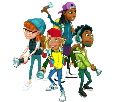 The Crystal Explorers, Mason, Noah, Izzy, Ella, in a group with flashlights ready for adventure