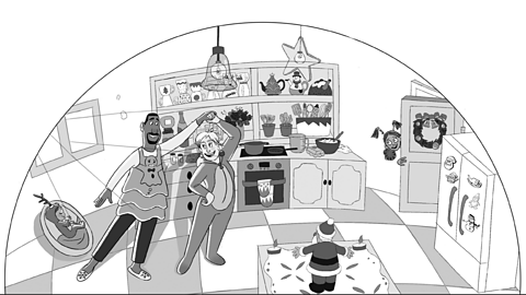 Family dancing in kitchen in snow globe illustration from The Christmas Carroll's