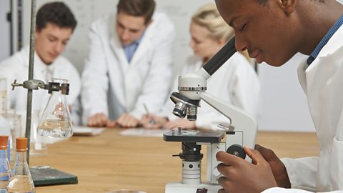 Teenage students looking through a microscope in a school lab