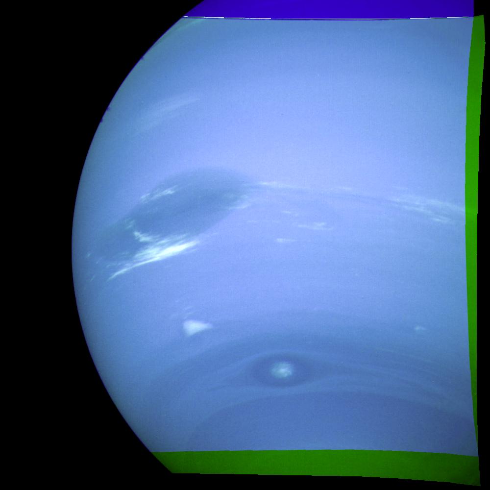 This photograph of Neptune was reconstructed from two images taken by NASA Voyager 2. At the north top is the Great Dark Spot.