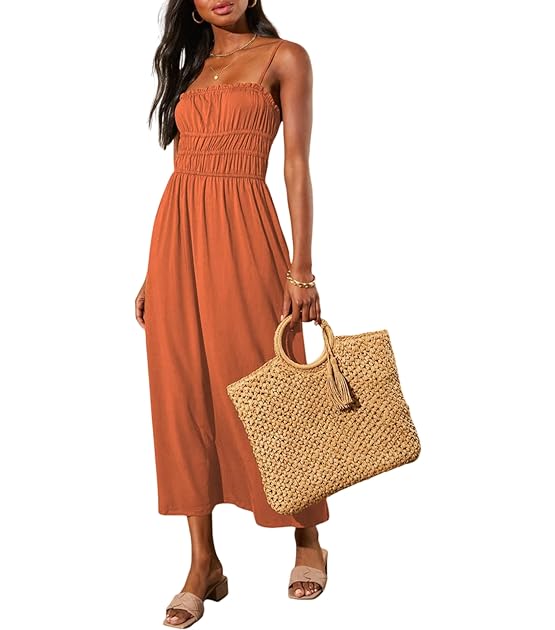 Summer Dress Casual Womens Fashion Sleeveless Midi Dress with Pockets Pleat Long Tiered Maxi Dress