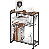 Small Side Table for Small Spaces - Slim End Table with Magazine Holder - 2 in 1 Design Narrow End Table Living Room - Skinny