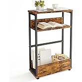Fixwal Narrow Side Table, Small End Table with Magazine Rack, 3 Tier Skinny Bedside Table with Storage Shelf for Small Space,