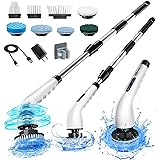 Electric Spin Scrubber, Shower Scrubber Cordless Cleaning Brush with 8 Replaceable Brush Heads and Squeegee，Adjustable Extens