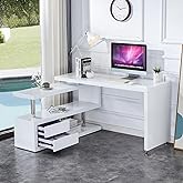 Fulocseny L-Shaped Office Desk,Corner Computer Desk with Universal Casters,360 Degree Rotating Home Office Desk with Storage 
