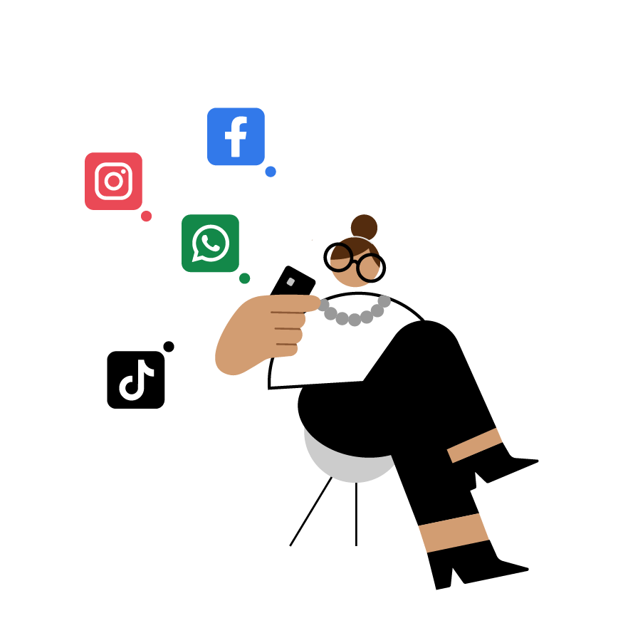 Na ilustração vemos o desenho de uma mulher sentada em uma cadeira e os ícones das redes sociais (Facebook, WhatsApp, Instagram e TikTok), representando que é possível vender direto pelo WhatsApp e redes sociais