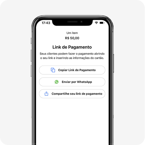 Tela de celular apresentando o link de pagamento grátis da SumUp. Com ele você pode vender pela Internet, pelo Instagram e também pelo WhatsApp.