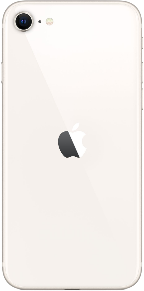 De achterkant van een witte iPhone SE (2022)