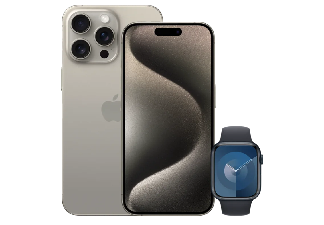 The iPhone 15 Pro Max in Natural Titanium is shown alongside the Apple Watch Series 9 in a Midnight Aluminium Case with a Midnight Sport Band.