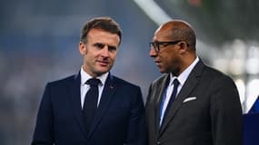 Emmanuel Macron et Philippe Diallo lors de la finale de la Coupe de France OL-PSG, le 25 mai 2024.