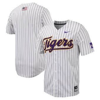 Men's Nike  White/Purple LSU Tigers Pinstripe Replica Full-Button Baseball Jersey