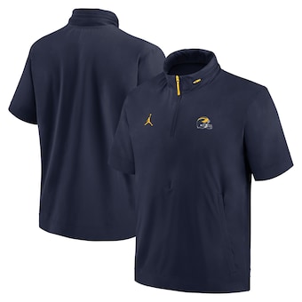 Men's Jordan Brand Navy Michigan Wolverines 2024 Sideline Coach Short Sleeve Half-Zip Hoodie Jacket