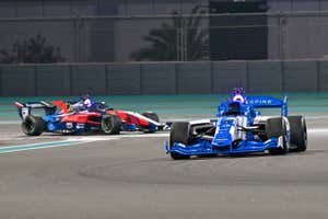 riverless cars compete during the Abu Dhabi Autonomous Racing League at the Yas Marina Circuit