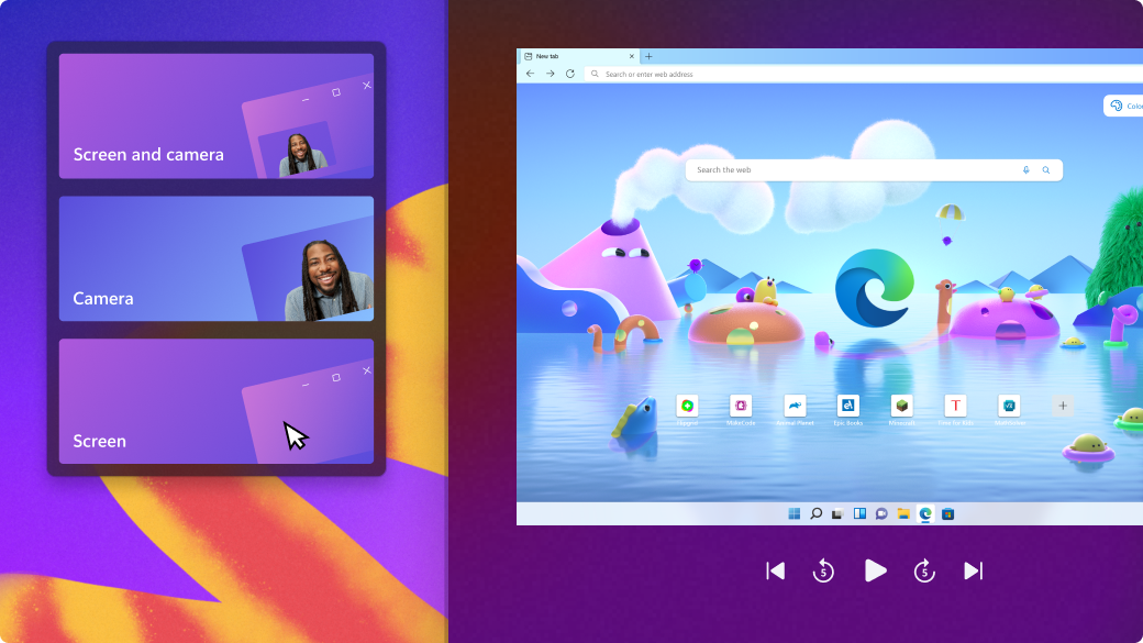 Màn hình Microsoft Edge (Chế độ dành cho trẻ em) có các tùy chọn màn hình và camera