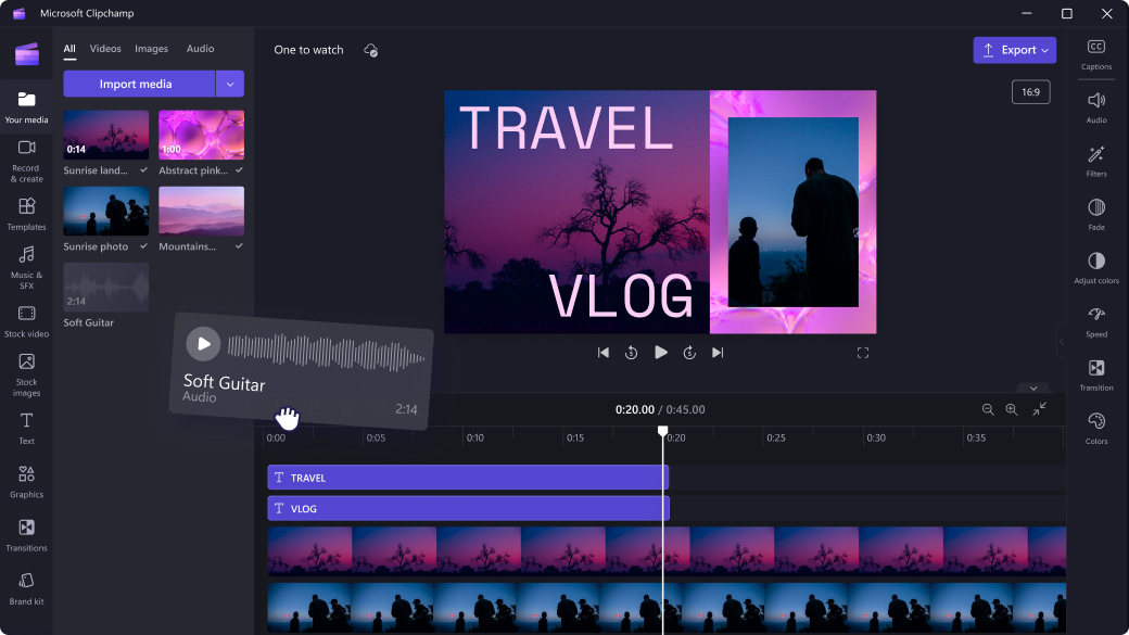 Obrazovka aplikácie Microsoft Clipchamp s médiami na vytvorenie cestovného vlogu