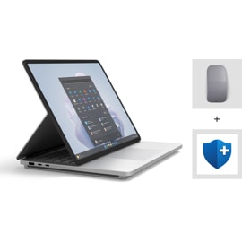 A Surface Laptop Studio 2 for Business in Stage Mode, a Surface Arc Mouse, and Microsoft Complete Protection Plan.