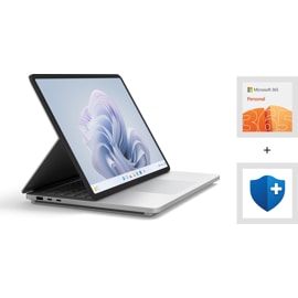 A Surface Laptop Studio 2 in Stage Mode with a Microsoft 365 Personal subscription and Microsoft Complete Protection Plan.