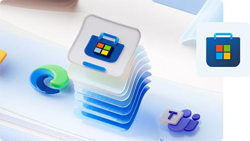 Vrstvy loga obchodu Microsoft Store vyskakujú zo stránky a vedľa je logo prehliadača Edge a aplikácie Teams
