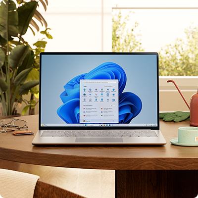 PC Windows 11 avec le menu Démarrer et l’illustration « fleur » bleue