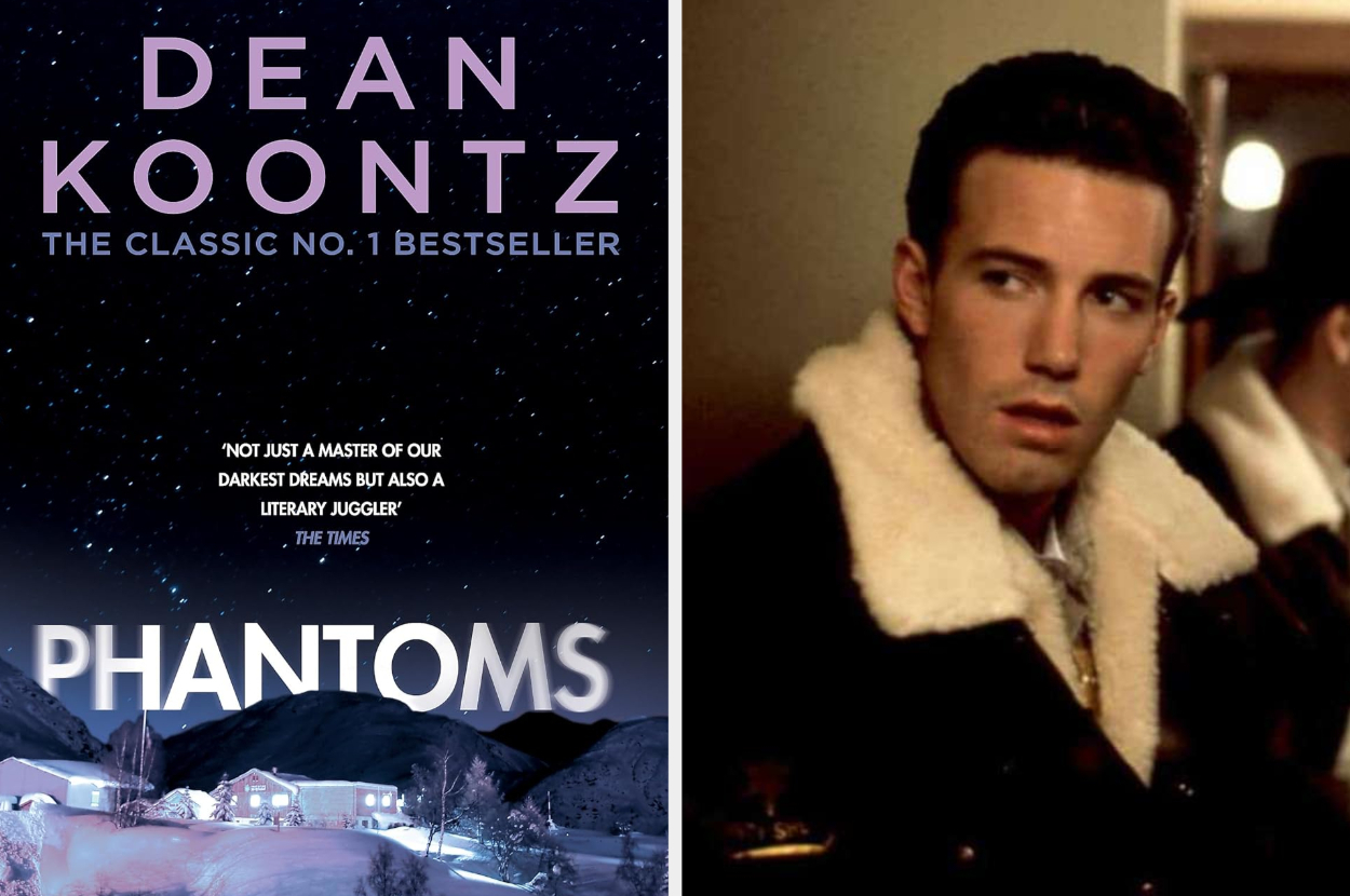 Book cover of &quot;Phantoms&quot; by Dean Koontz next to a man in a jacket with fur collar, likely a scene from the film adaptation