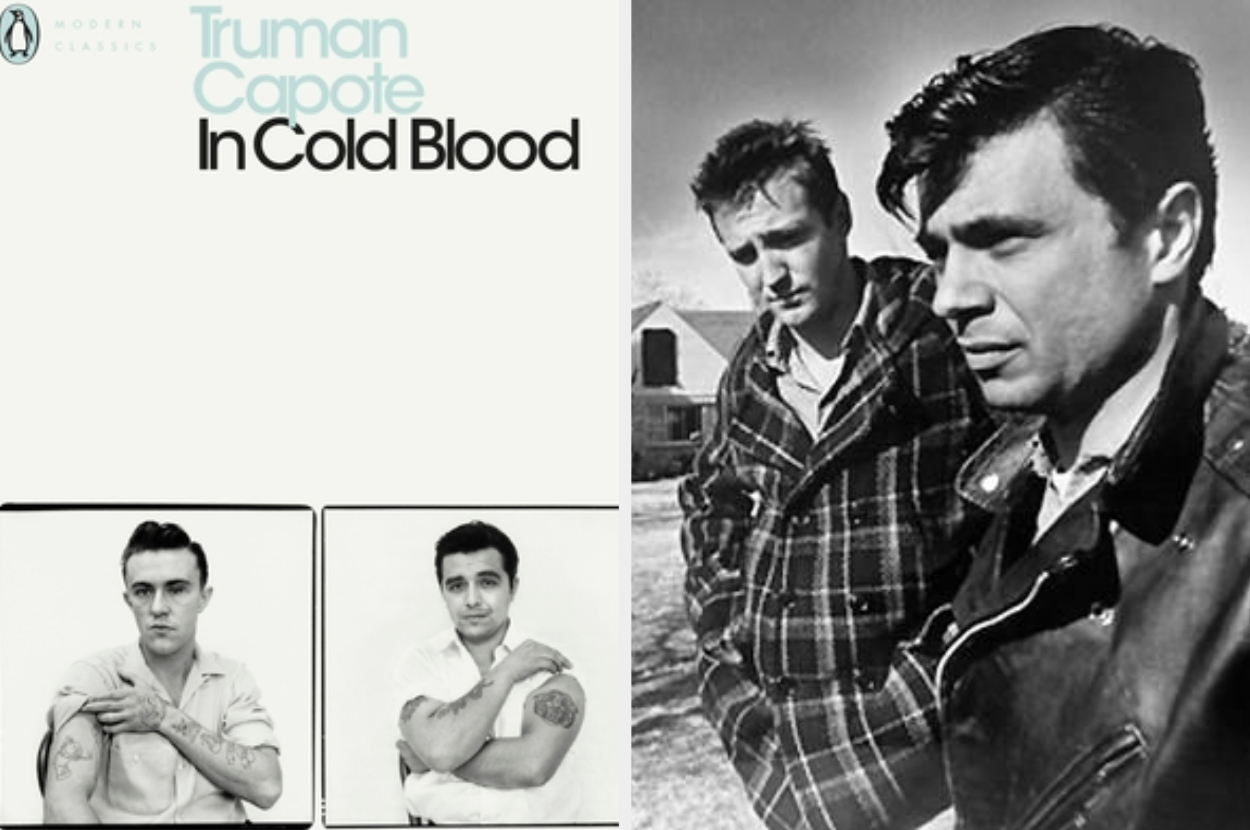 Book cover for &quot;In Cold Blood&quot; by Truman Capote next to black-and-white photos of two men
