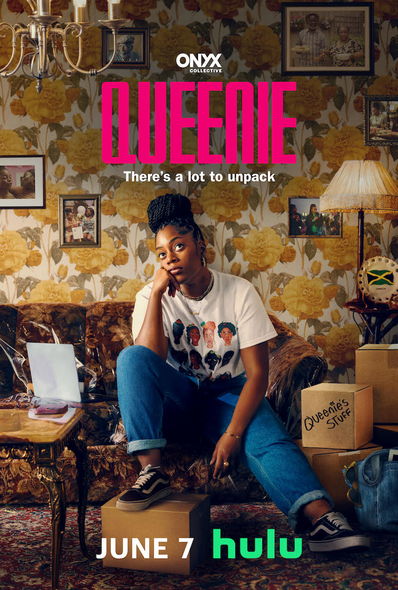 Poster for &quot;Queenie&quot; showing a woman seated with moving boxes