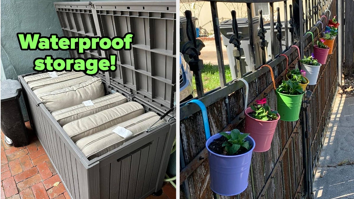 Two images: left shows a waterproof storage chest with cushions inside, right displays hanging flowerpots on a fence