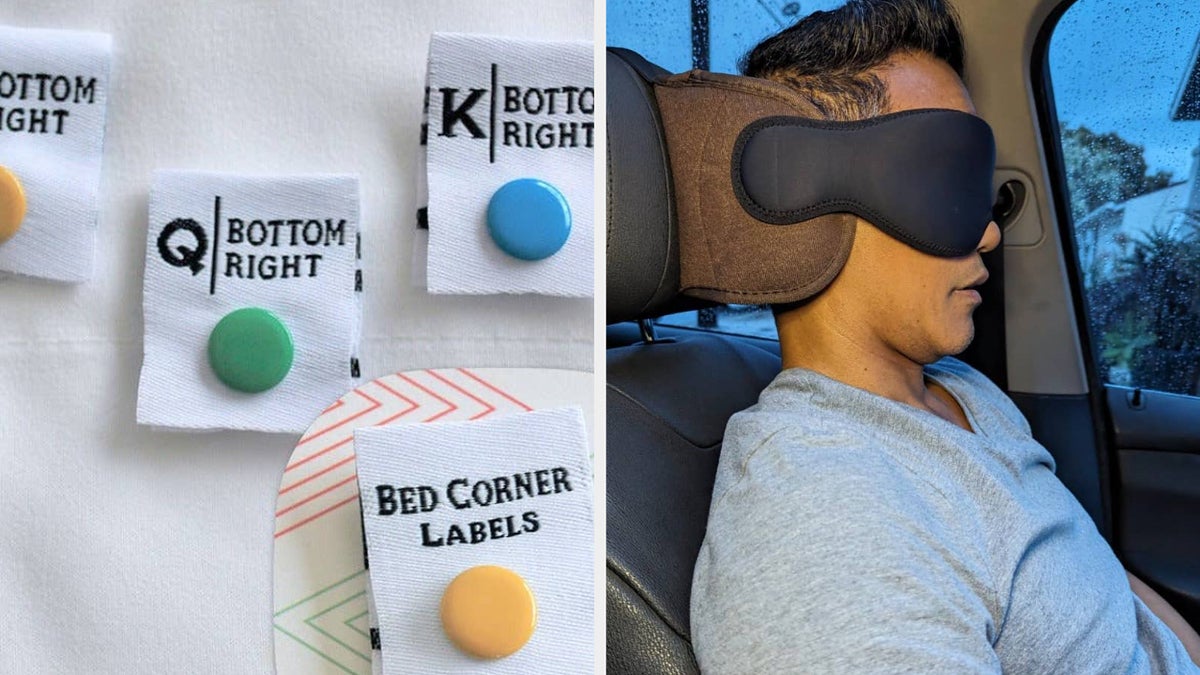 a pack of bed sheet labels / a reviewer wearing a headrest and eye mask combo