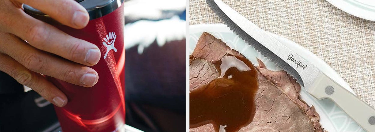 A Hydro Flask being held in a car and a piece of roast beef with gravy beside a knife on a plate