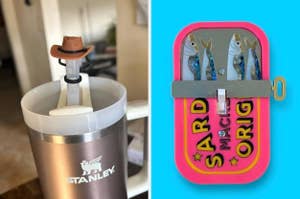 Stanley mug with a straw wearing a miniature cowboy hat beside a quirky sardine-shaped light switch cover