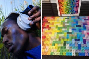model wearing the white Bose headphones / reviewer's completed colorful Lego puzzle