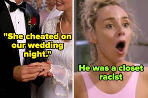 A bride and groom holding hands with the text "She cheated on our wedding night." Next to this, a shocked woman with the text "He was a closet racist."